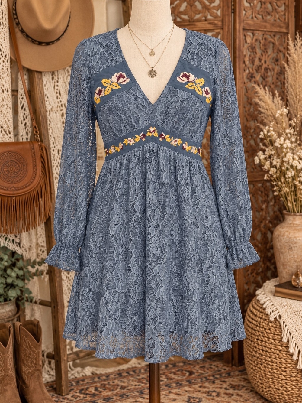 Blue Lace V-Neck Embroidered Long Sleeve Dress
